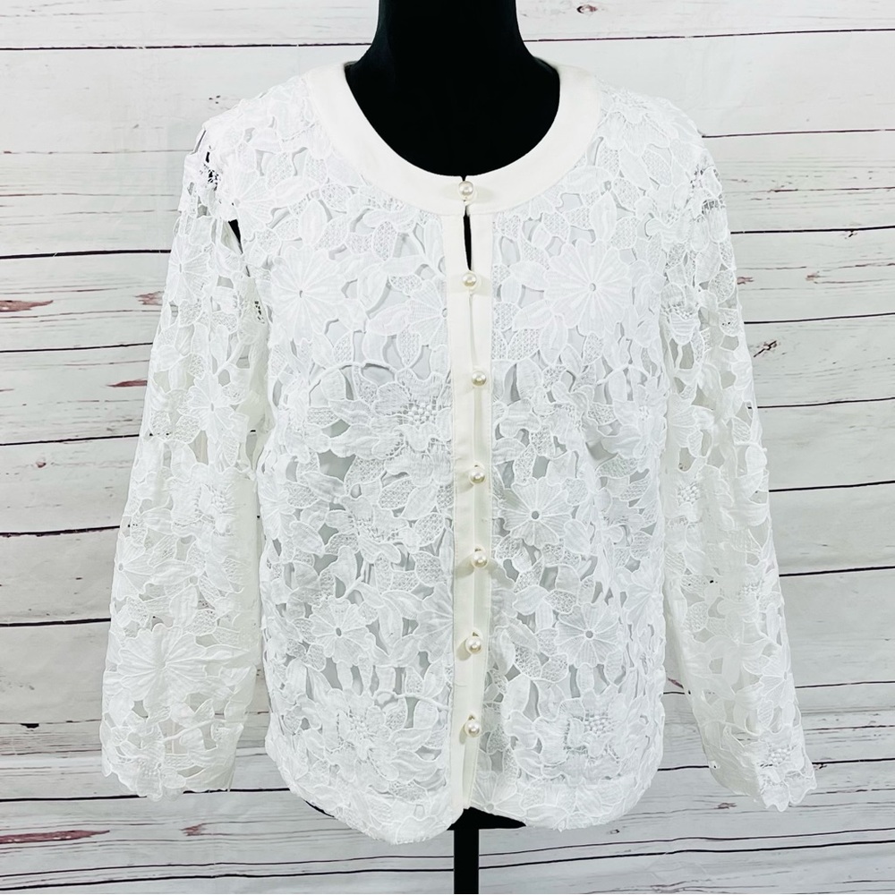 Karl Lagerfeld Paris Women’s Crochet Lace Cardigan Pearl Button Mesh Sleeve 10.